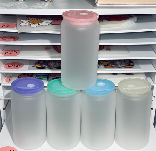 16oz FROSTED GLASS CUPS WITH COLORED LIDS (BUNDLE)